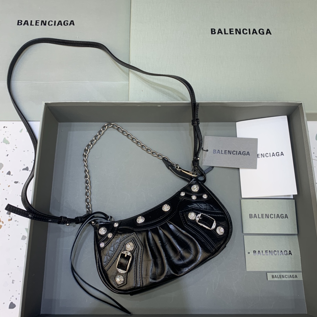 Balenciaga Le Cagole Mini Bag With Chain Crocodile Embossed Rhinestones Shoulder Bag Black 